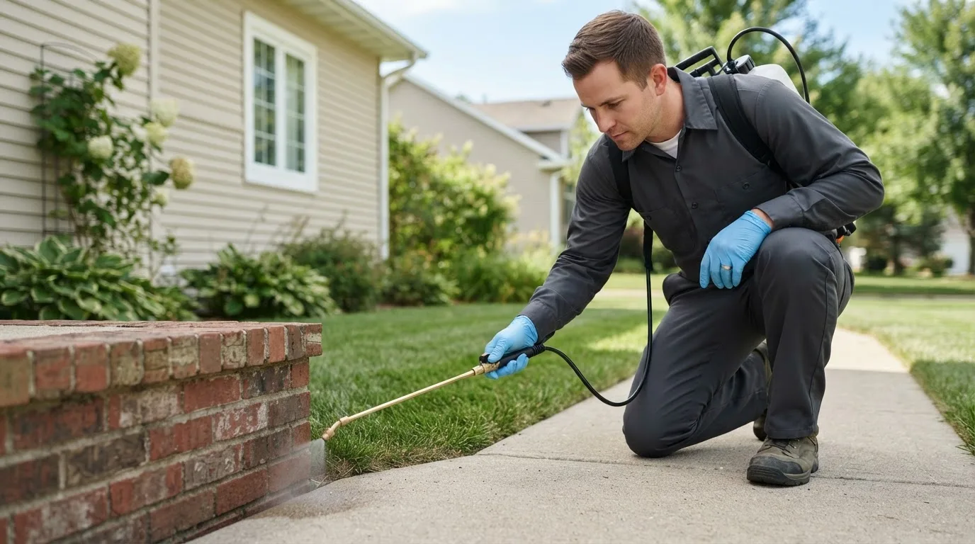 Pest control technician treating a home near Weir, KS